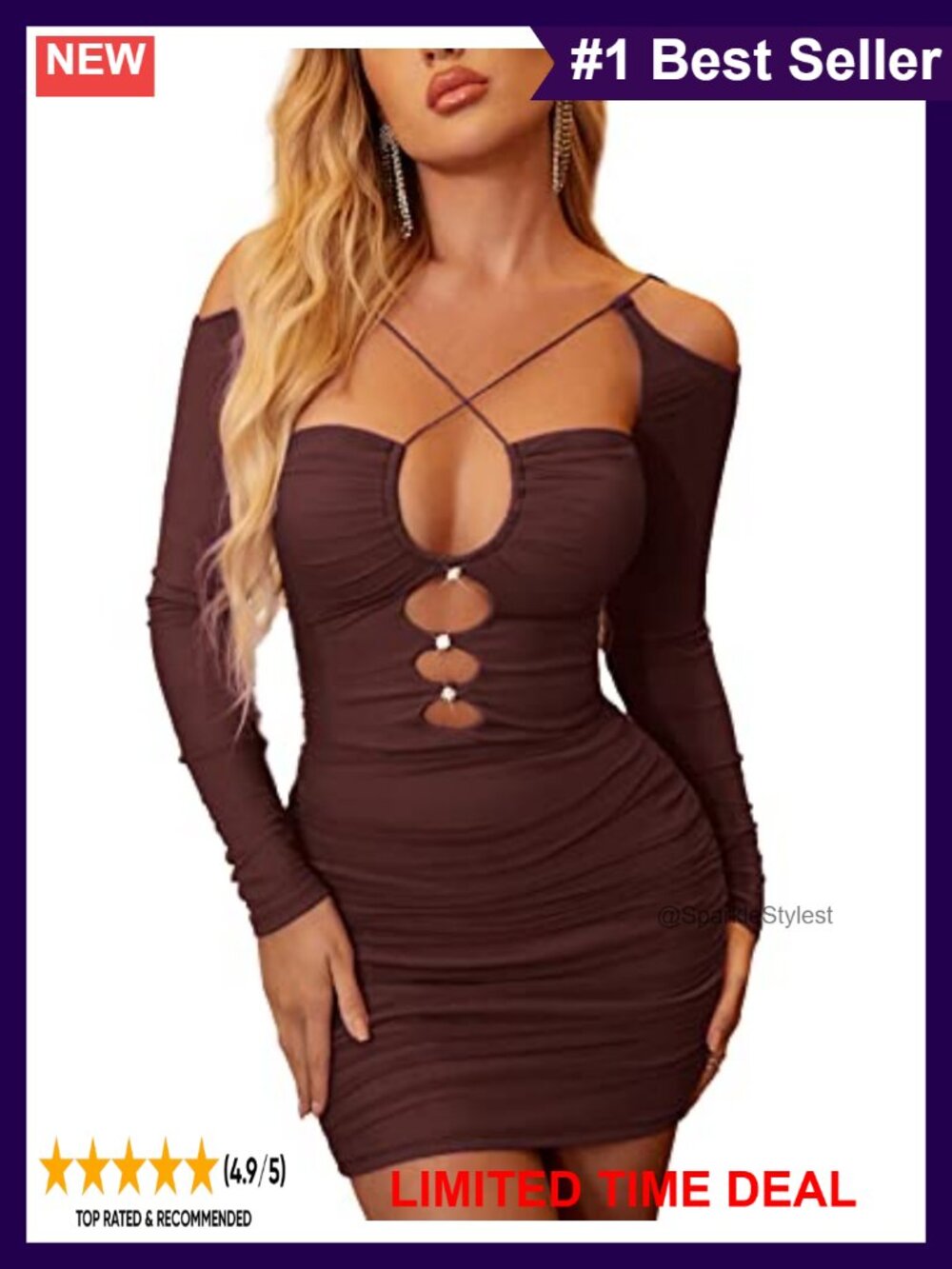 Long Sleeve Mini Bodycon Dress Backless Rhinestone Club Night Out